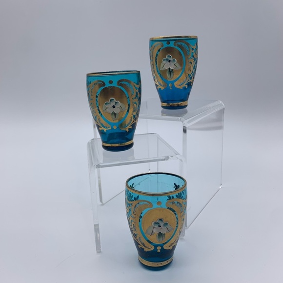Vintage Set Of 3 Italian Murano Venetian Blue & Gold 2oz Shot Glasses Painted - Picture 2 of 8